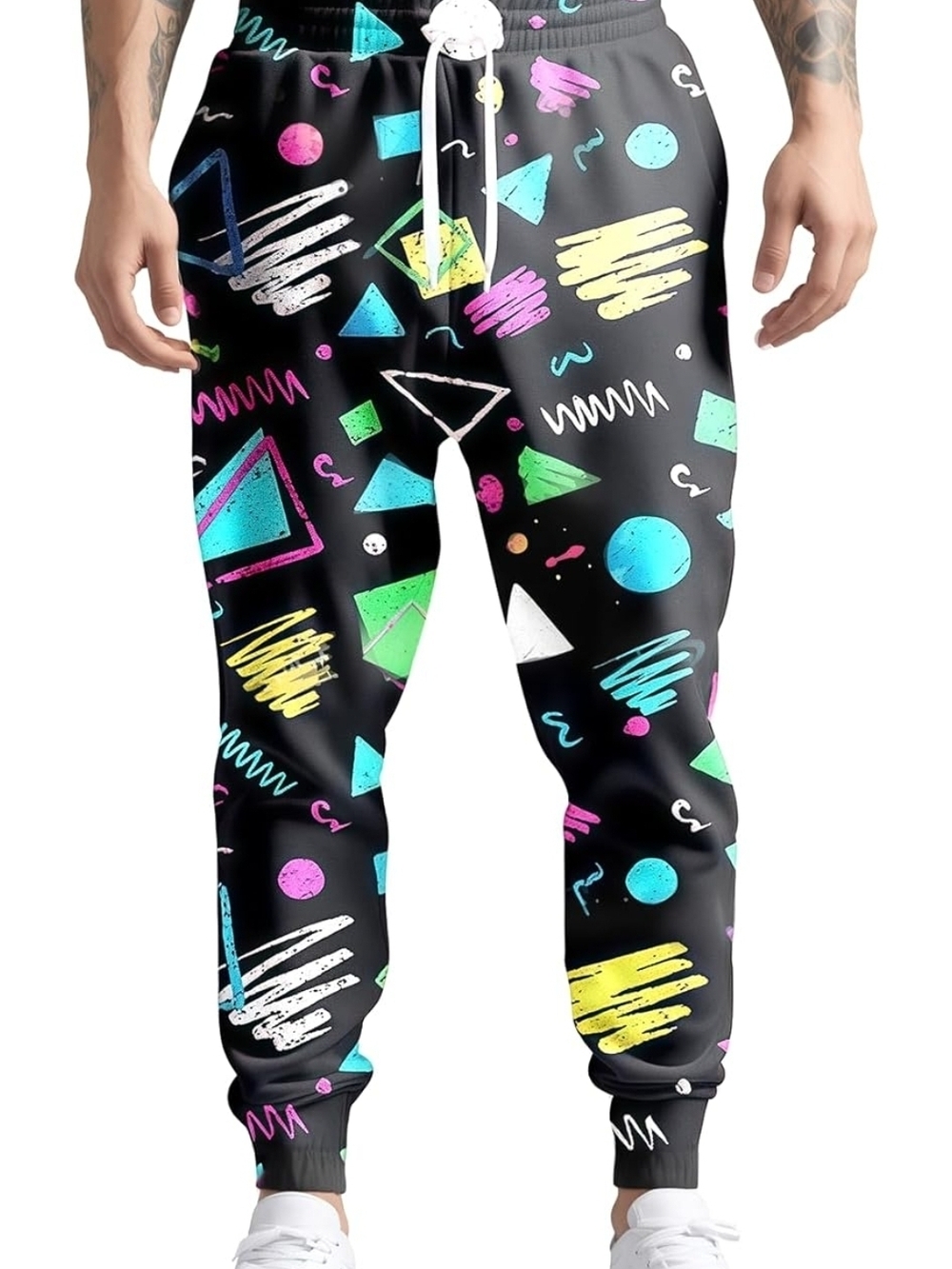 Retro Neon Geometric Black Joggers with Multicolor Print